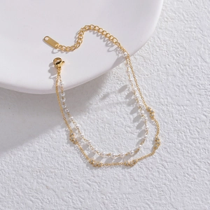 Layered Artificial Pearl Bracelet Stainless Steel Gold Plated Star Charm Rhinestone Korean Style Simple Elegant Jewelry For Women