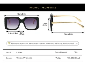 Detailed size specifications for square frame sunglasses with gradient purple lenses