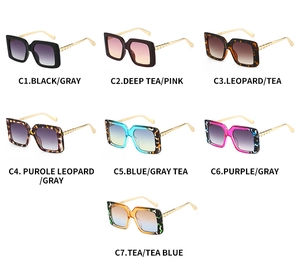 Detailed multi-color display of square fashion sunglasses with slim gold metal temples