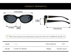 Size chart for cat eye sunglasses detailing dimensions and PC frame specifications
