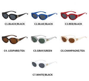 Seven colors of retro small-frame cat-eye sunglasses with gold metal hinge detail