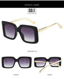 Detailed views showing square black frames and textured gold metal temples of sunglasses