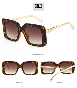 Three views of tortoiseshell square sunglasses with gold textured metal temples