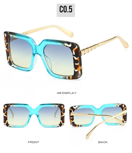 Multiple views of square sunglasses with blue tortoise frames and gradient lenses