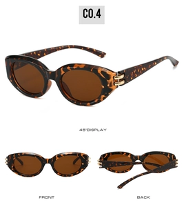 Three views of tortoiseshell cat eye sunglasses with gold accents and dark brown lenses