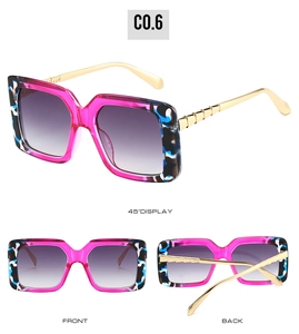 Detailed views of square pink sunglasses with marbled accents and gold bamboo metal temples