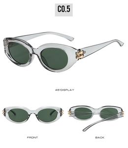 Detail view of cat eye sunglasses showing 45-degree angle, front and back in gray frame