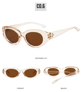 Three-view display of vintage oval champagne sunglasses with brown lenses and gold hinges