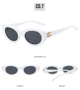 Three-view display of white cat-eye sunglasses with gold metal hinges and dark lenses