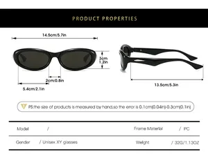 Detailed size chart for Y2K future style silver sunglasses with precise PC frame dimensions