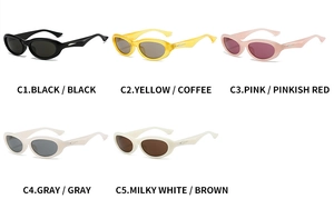 Overview of retro oval Y2K sunglasses in black, yellow, pink, grey and white colorways