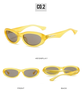 Multi-angle view of yellow oval Y2K sunglasses with dark lenses and futuristic frames