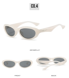 Detailed views of cream oval Y2K sunglasses with silver metal side accents
