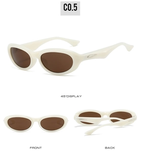 Three-angle view of Y2K oval sunglasses with white frame and brown tinted lenses