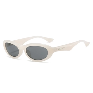 Y2K futuristic oval sunglasses in creamy white frame with dark grey lenses for men and women