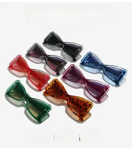 Collection of oversized square sunglasses in seven diverse colors on white background