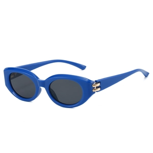 2025 Trendy slim blue cat eye sunglasses with gold hinge accents and black lenses