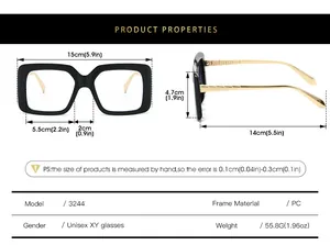 Guide des tailles pour lunettes carrées avec dimensions détaillées et monture en PC