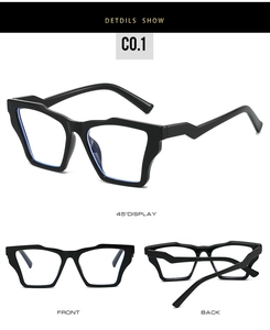 Detailed multi-angle views of black cat-eye glasses frames with bold geometric design
