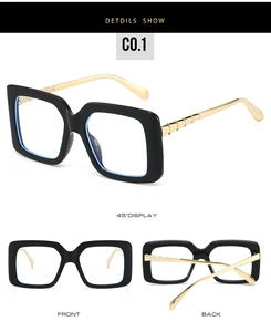 Vues détaillées de lunettes de soleil carrées noires avec branches dorées style bambou