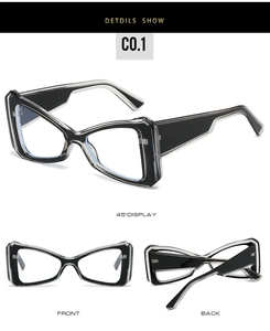 Three views of butterfly frames in black and transparent finish with wide temples