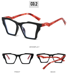 Cat eye glasses frames with matte black finish and marble textured temples in multiple views