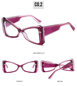 Detailed multi-angle view of purple cat eye glasses frame with geometric design