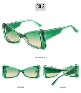 Multi-angle view of large geometric dark green cat-eye sunglasses with gradient lenses