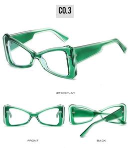 Three-sided view of green geometric cat eye glasses frame with transparent finish