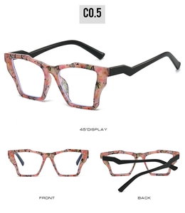 Detailed views of cat eye glasses frames with pink floral pattern and wavy black temples