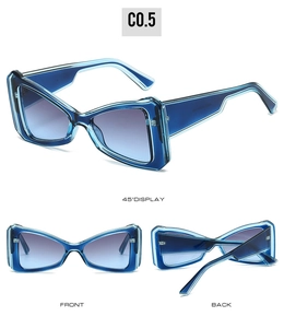 Blue oversized butterfly sunglasses shown in 45-degree, front, and back detail views