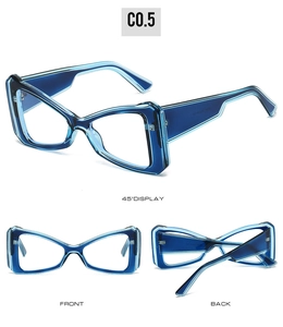 Three-view display of cat eye glasses showing front, back, and 45-degree angle views