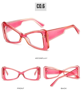 Three-angle detail of pink cat-eye glasses frame including front and back view