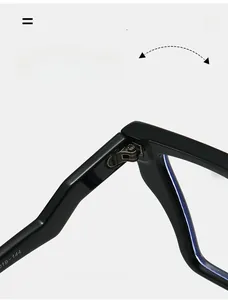 Detail of durable hinges and printed sizing specs on black cat-eye glasses frames