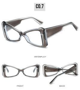 Three-way view of cat-eye frames showing front, back, and 45-degree angle in grey