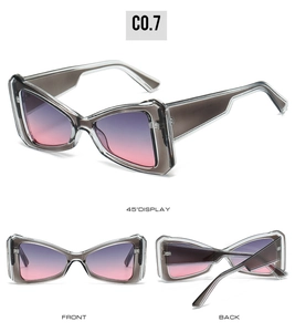 Three views of butterfly oversized sunglasses with gradient lenses and grey frames