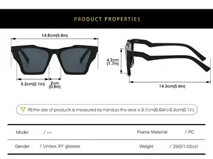 Detailed size chart for retro square sunglasses with PC frame measurements and weight info