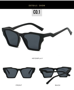 Three-angle view of black square sunglasses with unique geometric temples and dark lenses