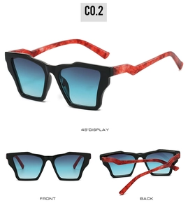 Detailed views of vintage square sunglasses with marble textured temples and gradient lenses
