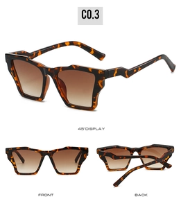 Detailed views of vintage square tortoiseshell sunglasses with unique wavy geometric temples