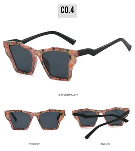 Multiple views of trendy square sunglasses with pink floral frame and Z-shaped temples