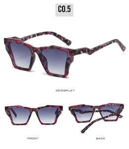 Three-angle view of vintage square sunglasses with floral frame and gradient lenses