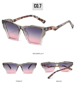 Detailed views of grey square sunglasses with tortoise temples and purple gradient lenses