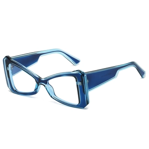 Fashionable transparent blue cat-eye glasses frame with geometric design for women