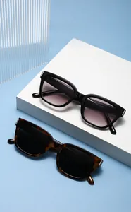 Détail de lunettes de soleil carrées avec charnières en métal sur montures sombres