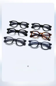 Close-up of stylish thick-frame sunglasses in six diverse colors with detailed temple markings