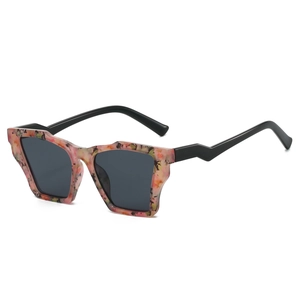 Retro square sunglasses with floral geometric frames and black lightning shaped temples