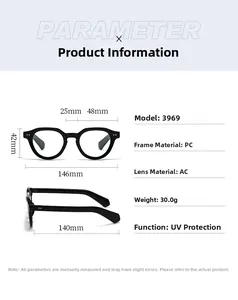 Detailed size chart for stylish sunglasses showing dimensions and UV protection specs