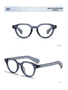 Detailed views of transparent blue polygonal retro glasses frames with metal rivets