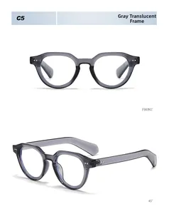 Front and 45-degree side view of transparent gray polygon frame sunglasses with metal rivets